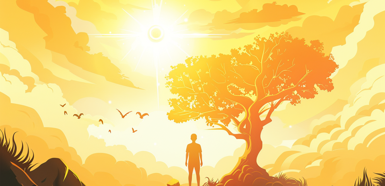 A glowing cartoon-style illustration of a person standing tall with a hand over their heart, bathed in golden light with a halo above their head, doves flying overhead, and a glowing path behind them.