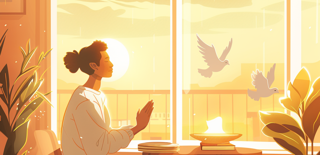 A glowing cartoon-style illustration of a person sitting in quiet prayer with folded hands at a table, next to an empty plate and a radiant Bible, surrounded by golden light and peaceful tones.