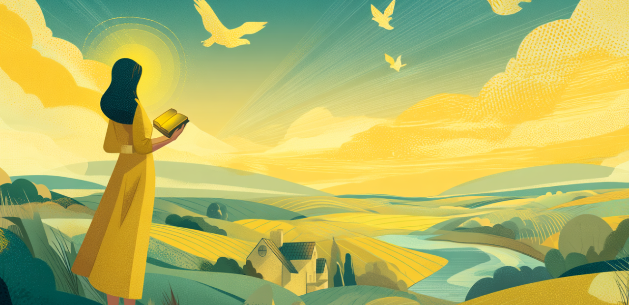 A glowing cartoon-style illustration of a person standing on a hilltop with a radiant Bible in hand, overlooking distant villages as doves fly toward the horizon under a golden sunrise.