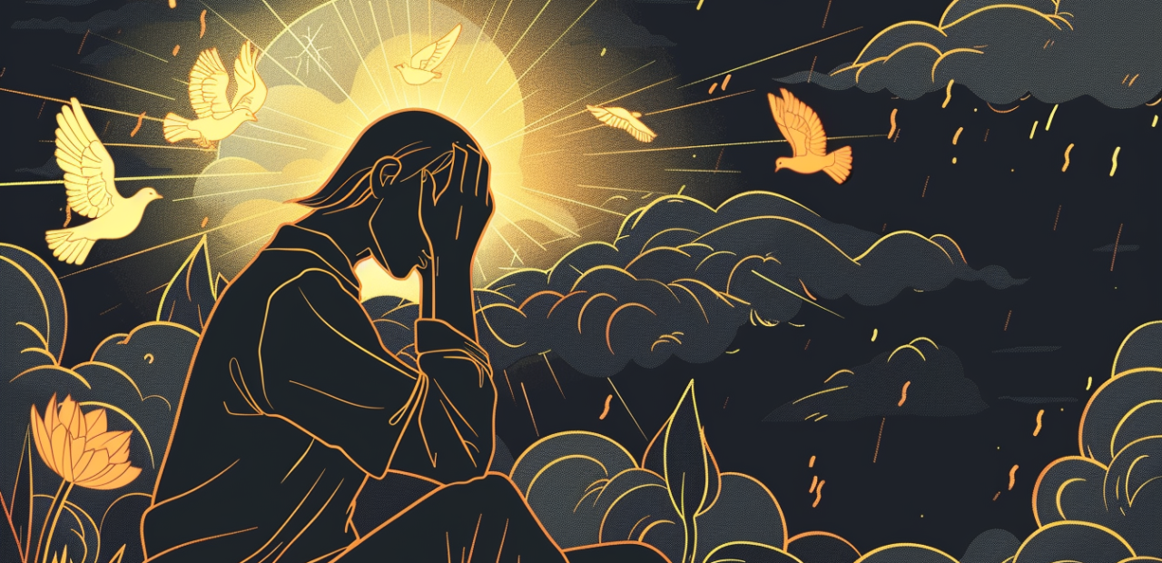 A glowing cartoon-style illustration of a person sitting with their head in their hands, as golden light breaks through dark clouds and doves begin to fly above a blooming flower nearby.