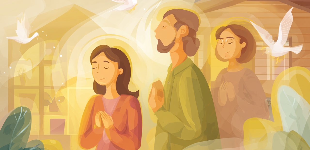 A glowing cartoon-style illustration of a person praying with hands lifted toward two radiant parental figures in golden light, surrounded by halos, doves, and a peaceful home-like setting.