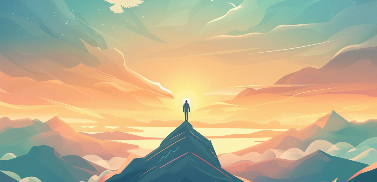 A glowing cartoon-style illustration of a person standing on a mountain peak, gazing over a vast golden valley filled with light and soaring doves, under a wide open sky.
