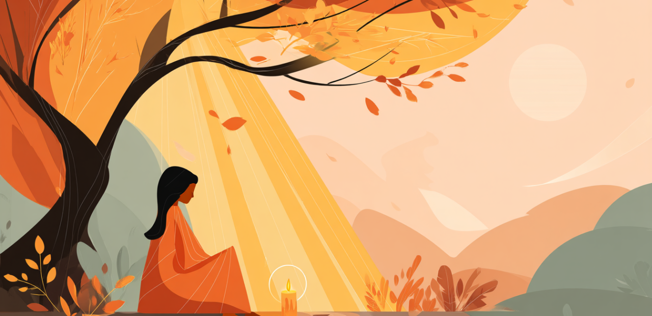 A glowing cartoon-style illustration of a weary person sitting under a tree at sunset, with a small candle flickering beside them and golden light streaming softly through the branches.