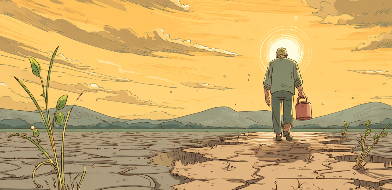 A glowing cartoon-style illustration of a weary person walking through a dry desert with an empty canteen, a soft halo around their head, and golden light breaking through the sky as small green sprouts emerge from the ground.