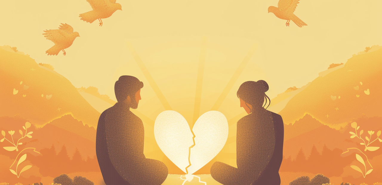 A glowing cartoon-style illustration of two people sitting apart with golden light between them, a broken heart gently shining in the center, and doves flying overhead in a peaceful setting.