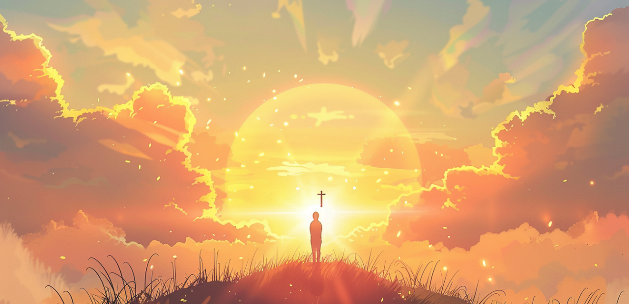 A person stands in morning prayer on a hilltop as the golden sun rises behind a cross, surrounded by glowing clouds and peaceful light.