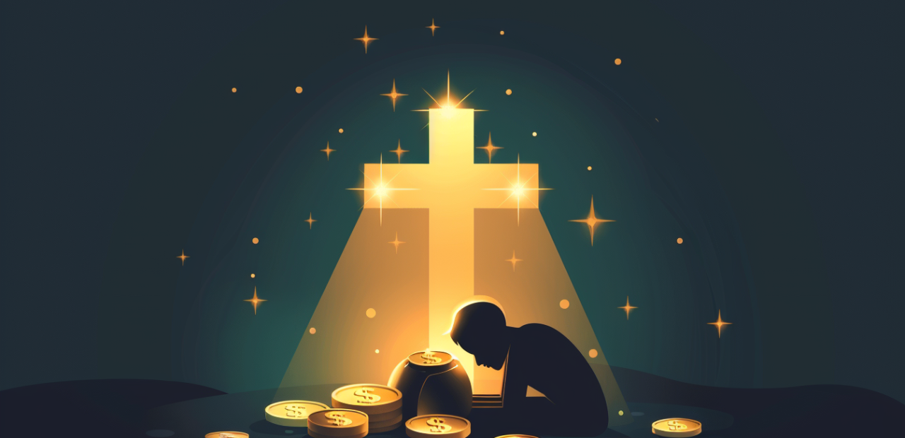 A person lays down a heavy sack of coins at the foot of a glowing cross, bathed in golden light.