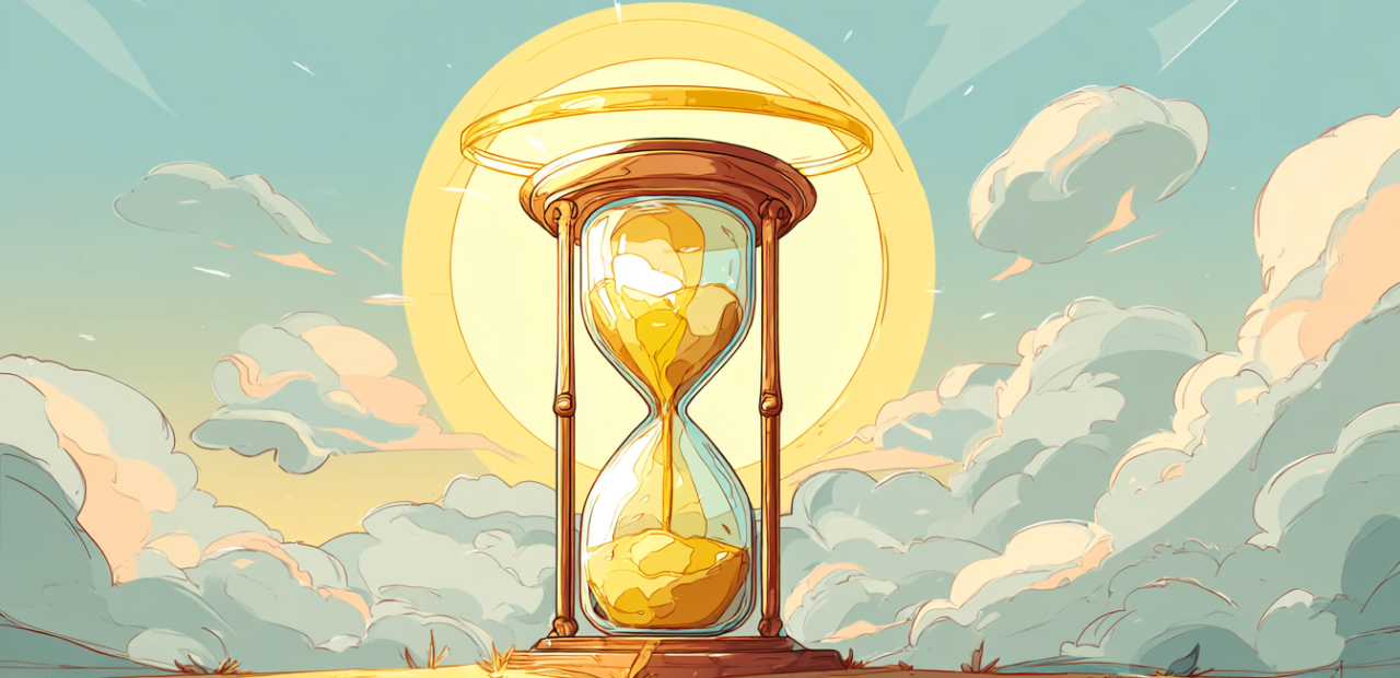 A glowing hourglass with golden sand and a radiant halo, symbolizing God’s perfect timing.