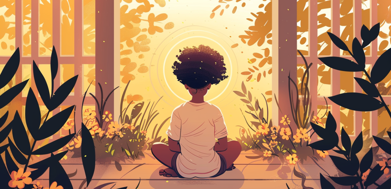 A person sits quietly in morning prayer on a porch surrounded by flowers, with golden sunlight streaming through the trees.