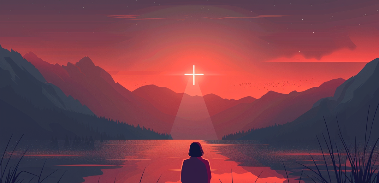 A person sits quietly before a still lake at sunset, gazing at a glowing cross shining above distant mountains.