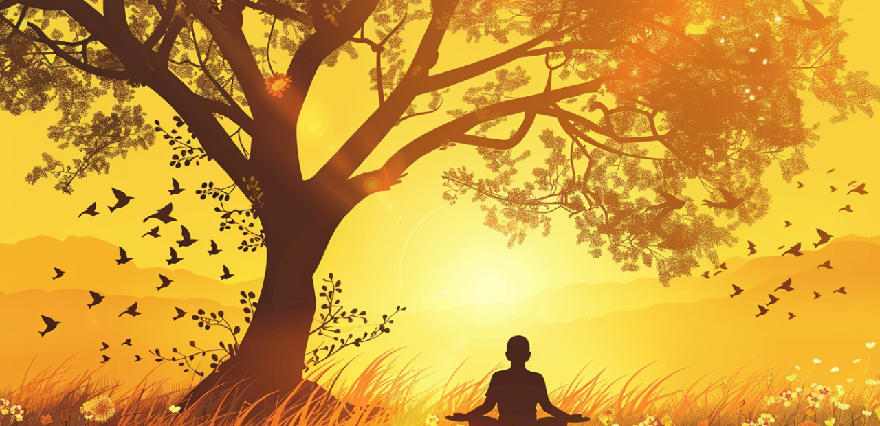 A person sits cross-legged under a tree in a golden field, surrounded by flowers and birds, soaking in the peaceful beauty of the present moment.