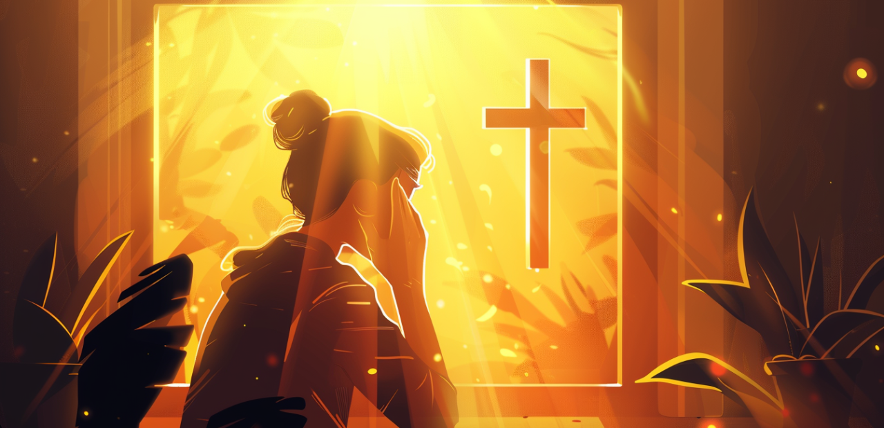 A woman prays quietly by a glowing window with a cross, surrounded by warm golden light and peaceful shadows.