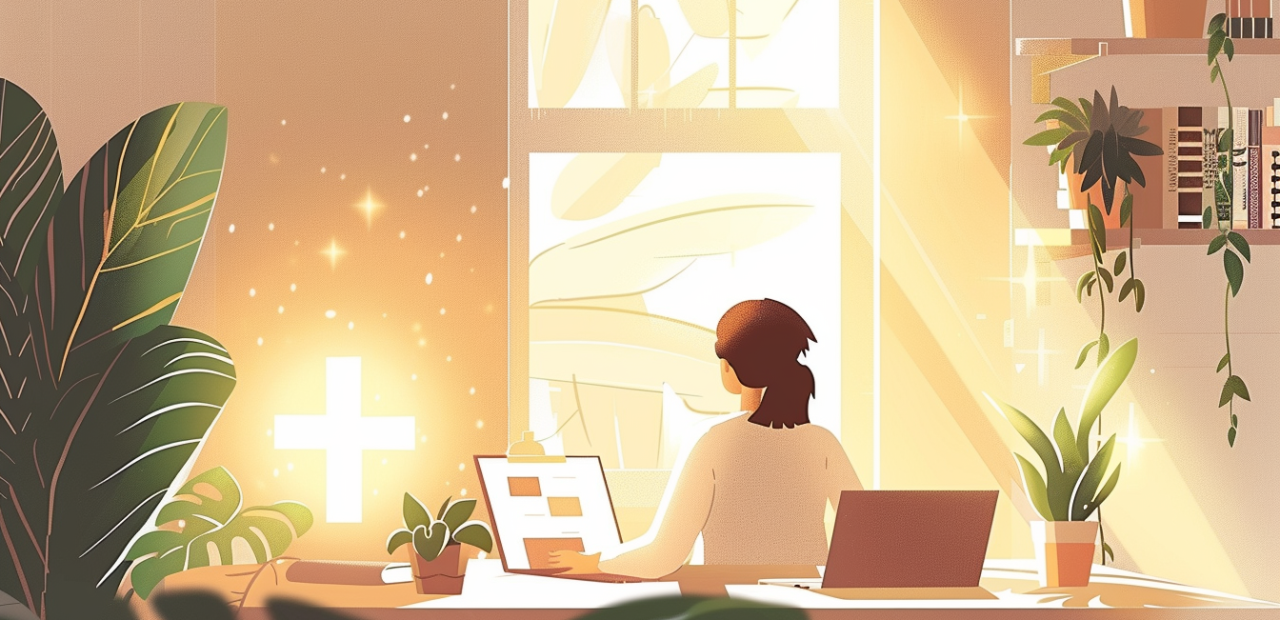A person sits at a peaceful desk with a glowing cross nearby, surrounded by plants and golden light streaming through a window.