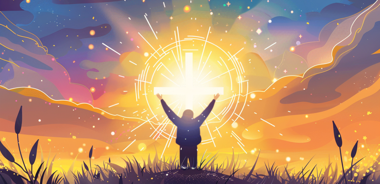 A person kneels with raised arms before a glowing cross at sunrise, surrounded by golden light and a radiant sky.