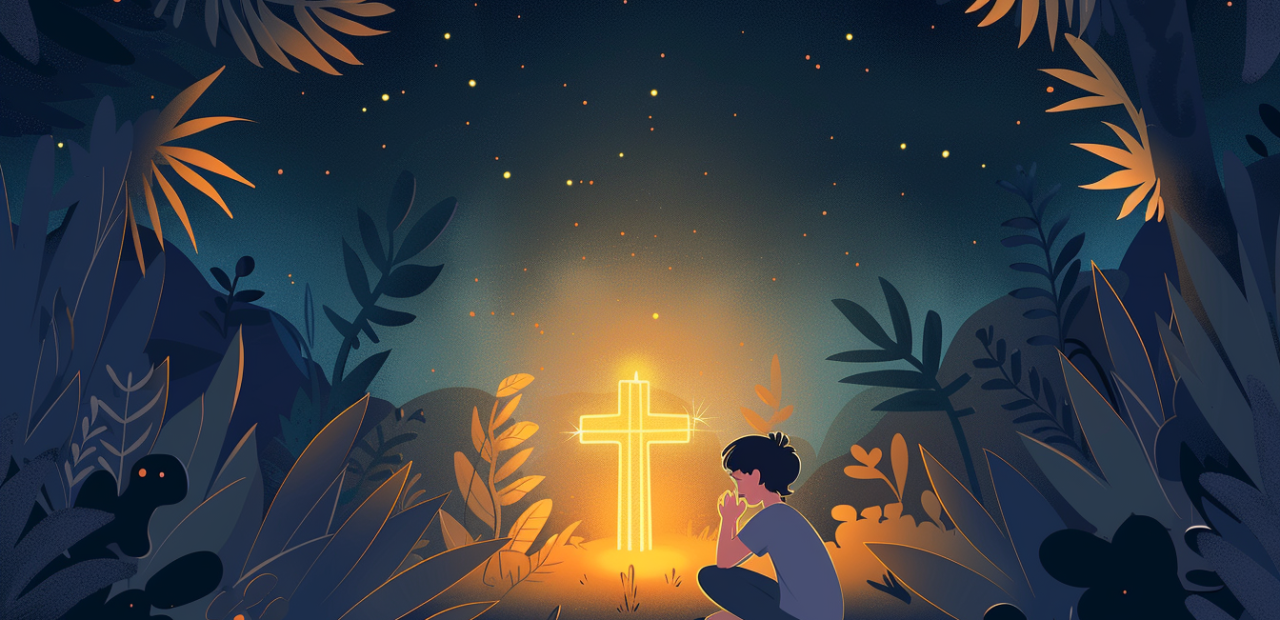 A person kneels in prayer before a glowing cross in a quiet forest at night, surrounded by stars and peaceful plants.