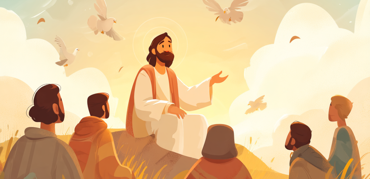 A soft illustration of Jesus teaching on a hillside, halo shining as golden light fills the sky and listeners sit in peace.