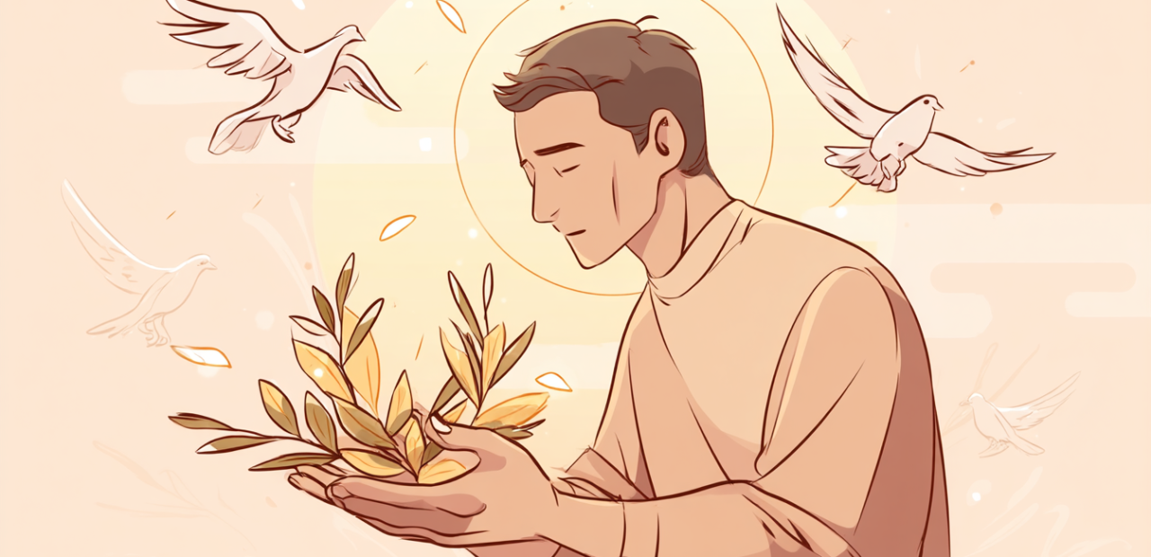 A soft illustration of a believer with a halo lifting a golden olive wreath upward in warm light, symbolizing honor
