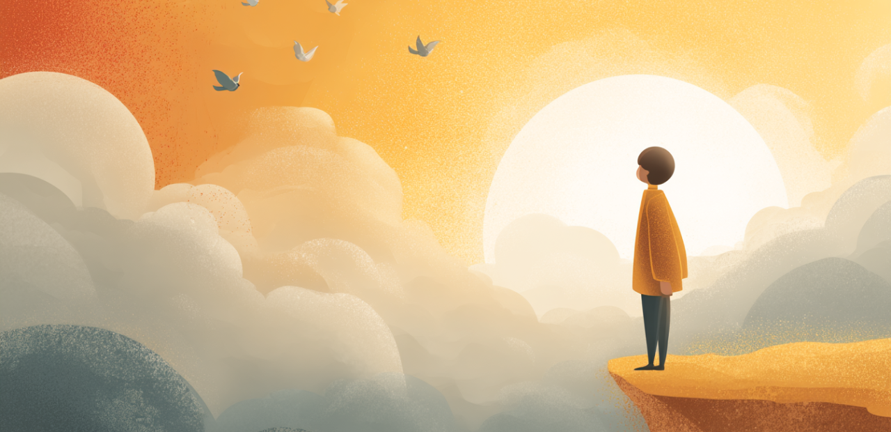 A soft illustration of a believer with a halo standing on a golden cliff edge, facing the horizon as light breaks through the clouds.