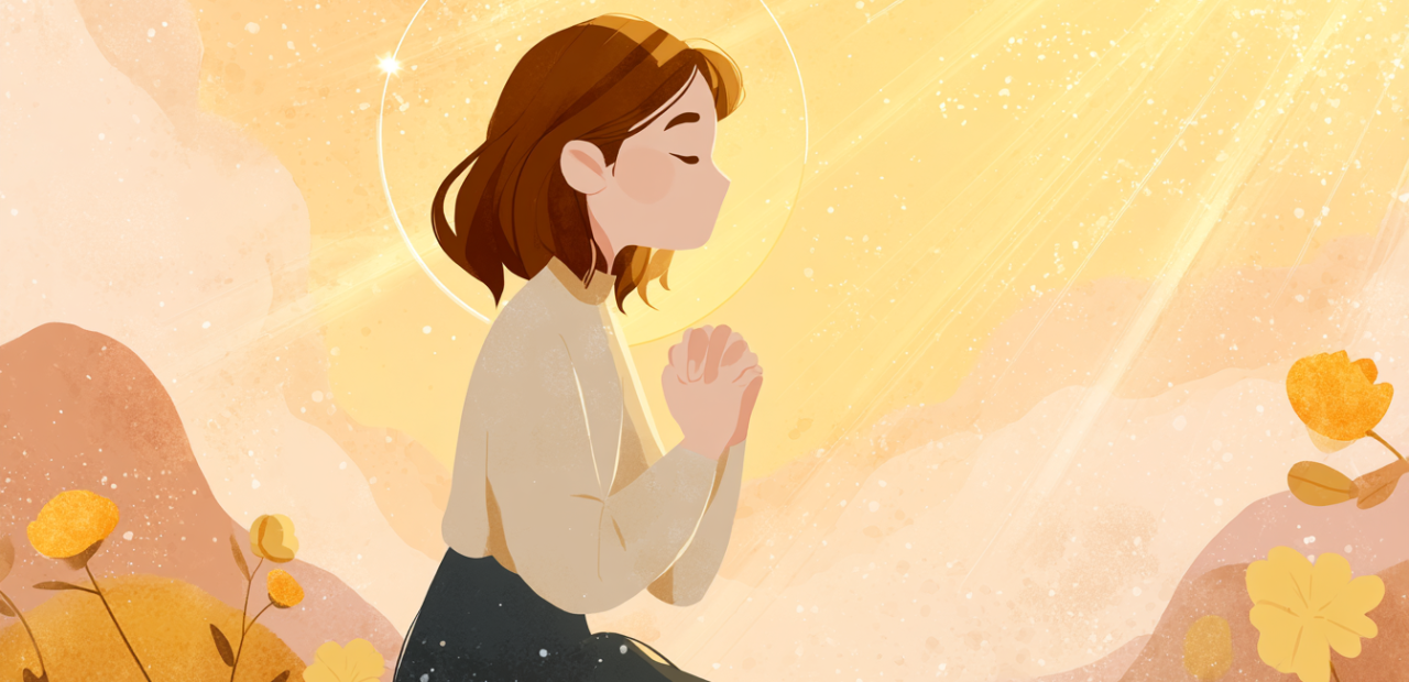 A soft close-up illustration of a believer kneeling in prayer, halo shining gently as golden light streams behind them.