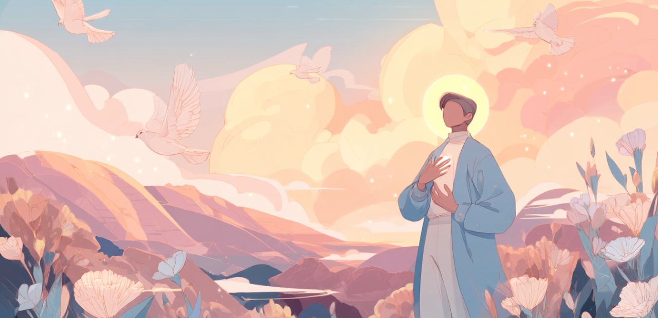 A soft illustration of a believer with a halo reaching toward golden light, standing among hills, flowers, and doves in a pastel sky.