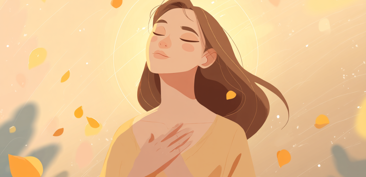 A soft close-up illustration of a person with a halo, eyes closed in prayer, hands held to their heart as golden light and petals surround them.