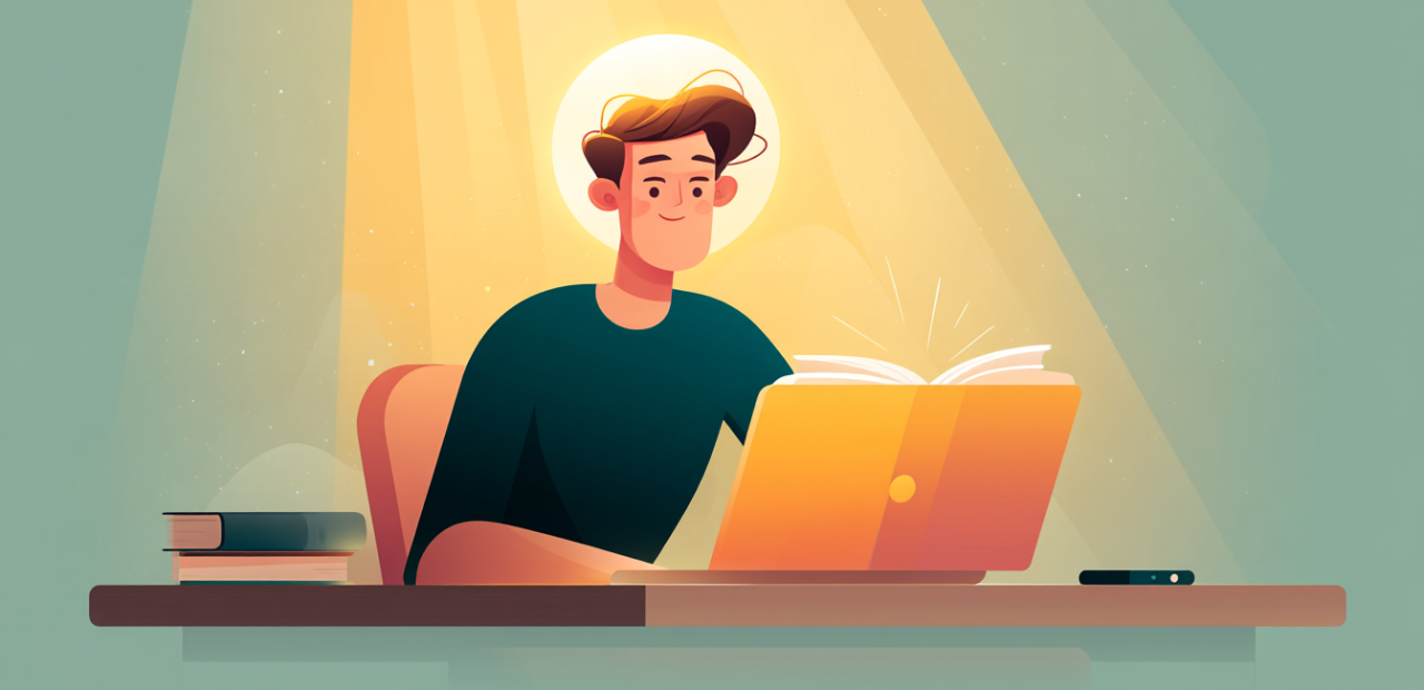 A soft illustration of a person with a halo studying the Bible at a desk, with a phone and laptop set aside under golden light.