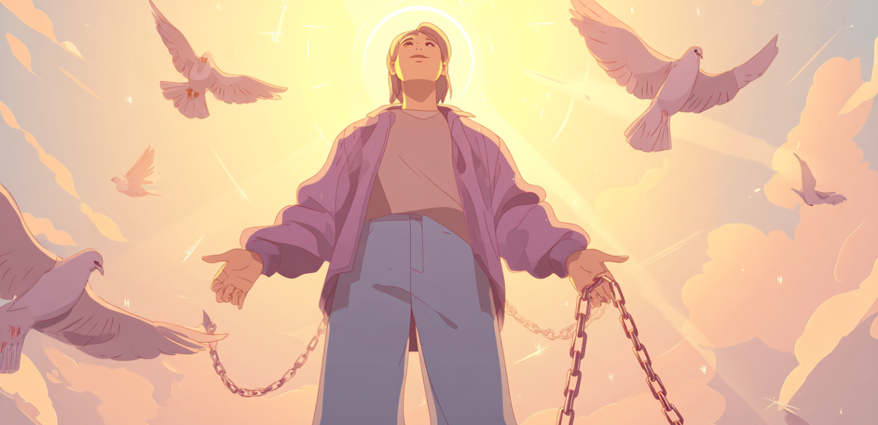 A soft illustration of a believer with a halo, arms outstretched as doves fly into a golden pastel sky with broken chains at their feet.