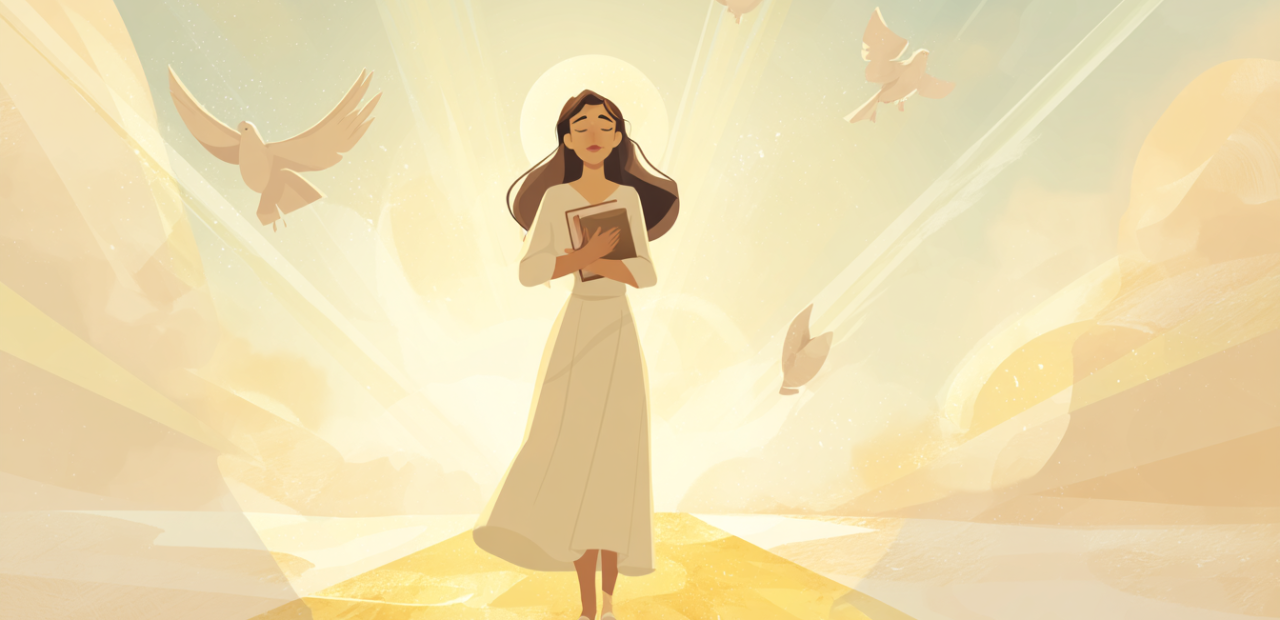 A soft illustration of a woman with a halo standing on a golden path, holding a Bible as doves fly across a radiant pastel sky.