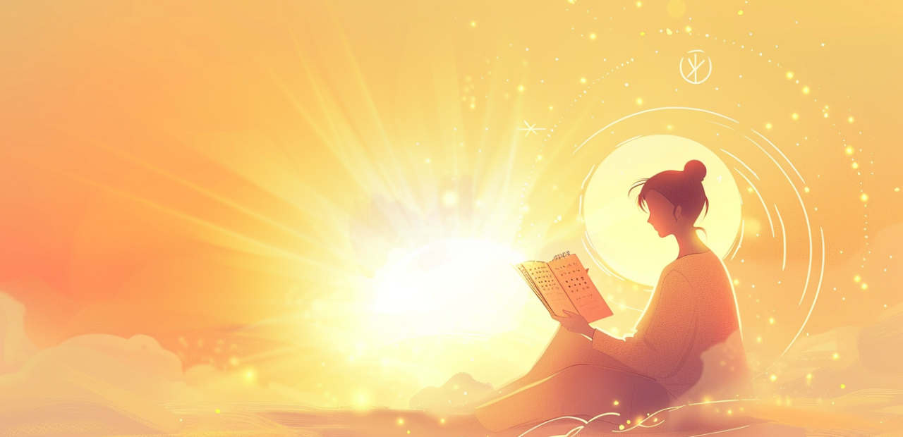 A peaceful illustration of a person with a glowing halo, sitting with an open planner in golden light, symbolizing God’s guidance over time.