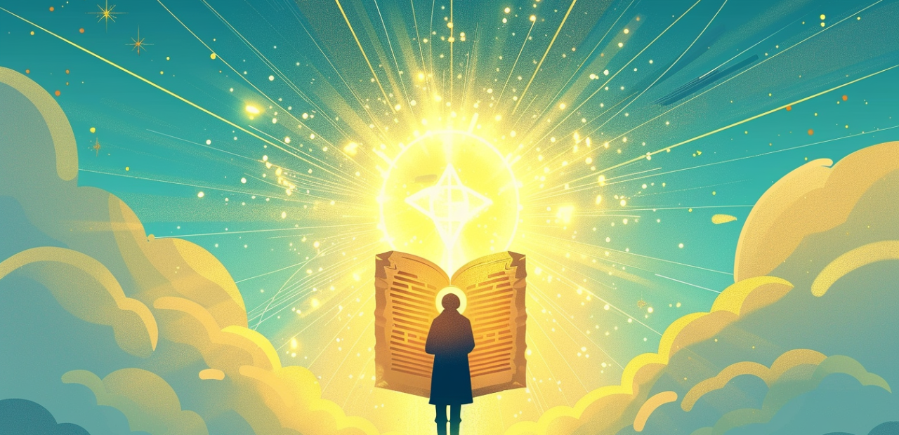 A glowing figure stands before an open scroll shining with divine light, surrounded by clouds and heavenly rays symbolizing biblical truth.