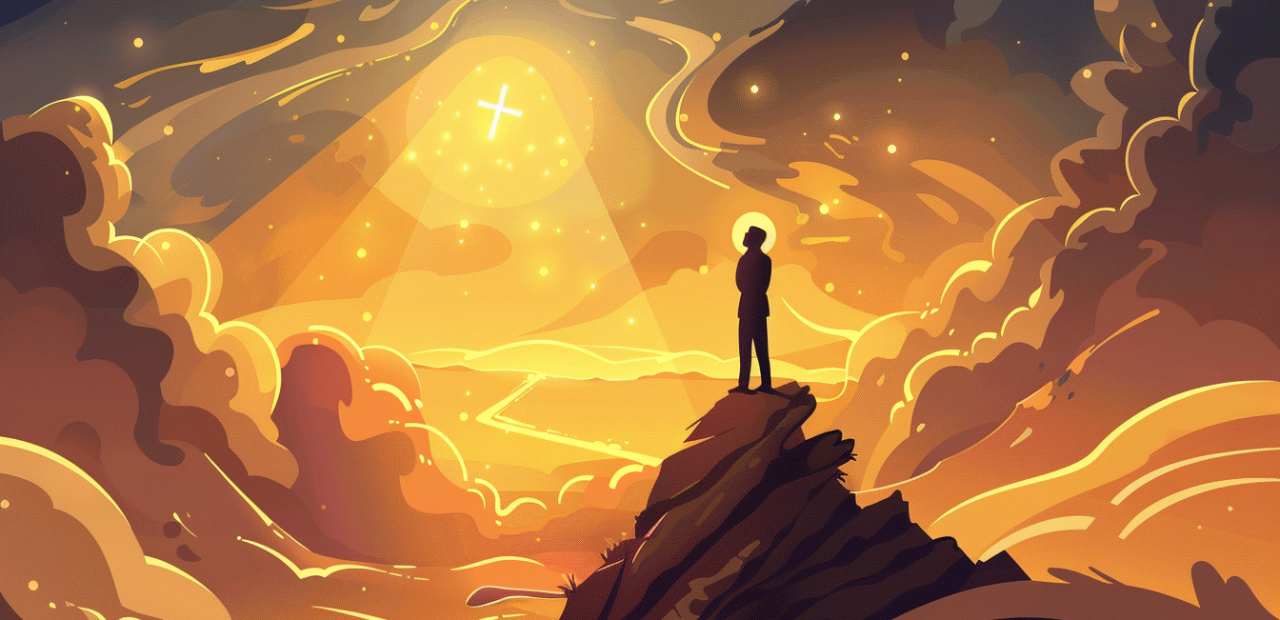 A person stands on a mountaintop, looking toward a glowing cross on the horizon as golden light breaks through swirling clouds.