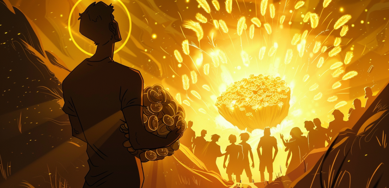 A glowing cartoon-style illustration of one figure hoarding treasure in shadow while others share bread in golden light