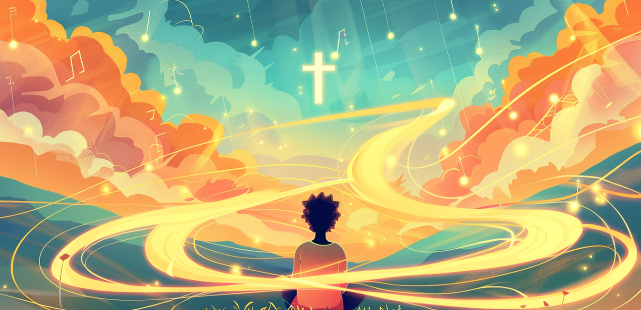 A person sits peacefully in a glowing landscape, surrounded by golden swirls and music notes flowing toward a radiant cross in the sky.