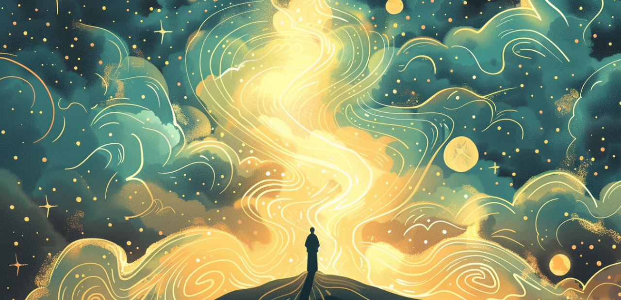 A person stands in awe before a glowing, star-filled sky with swirling golden light stretching endlessly into the heavens.