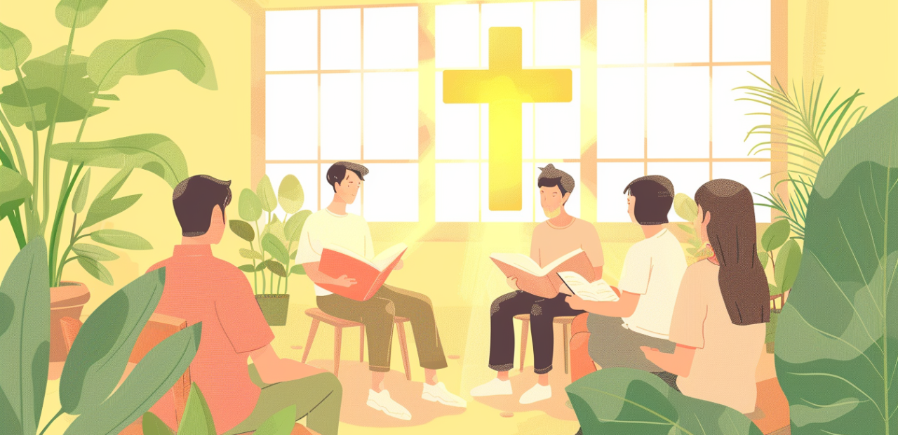 A small group of people sits in a bright room with open Bibles, gathered near a glowing cross and surrounded by lush green plants.