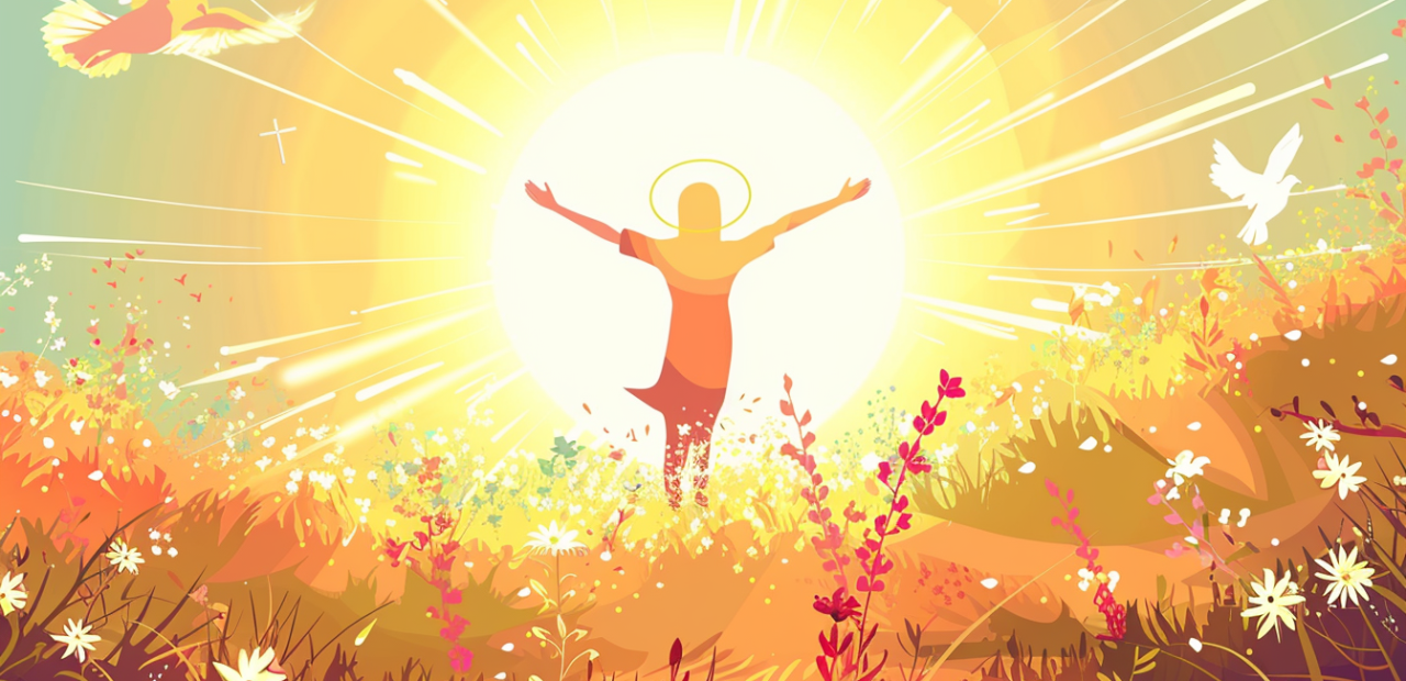 A person joyfully dances in a golden field with arms open wide, surrounded by sunlight, flowers, and a glowing cross in the sky.