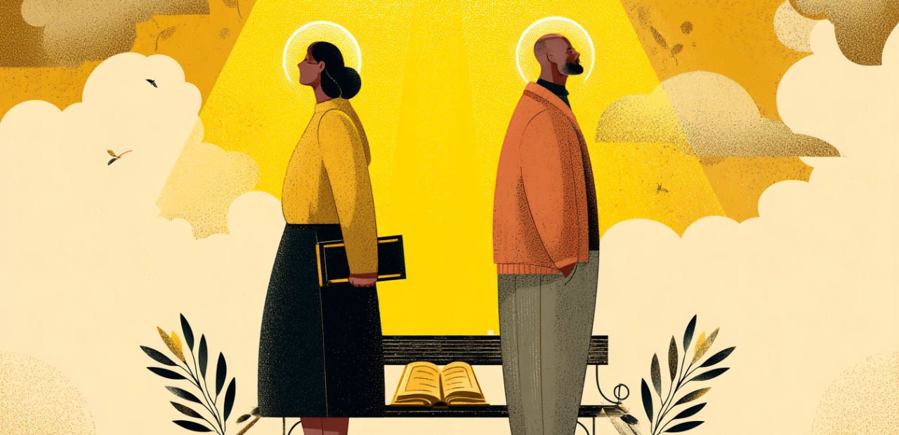 Light Between the Tension A cartoon illustration of two people standing apart with halos, golden light between them, and an open Bible on a bench with olive branches nearby.