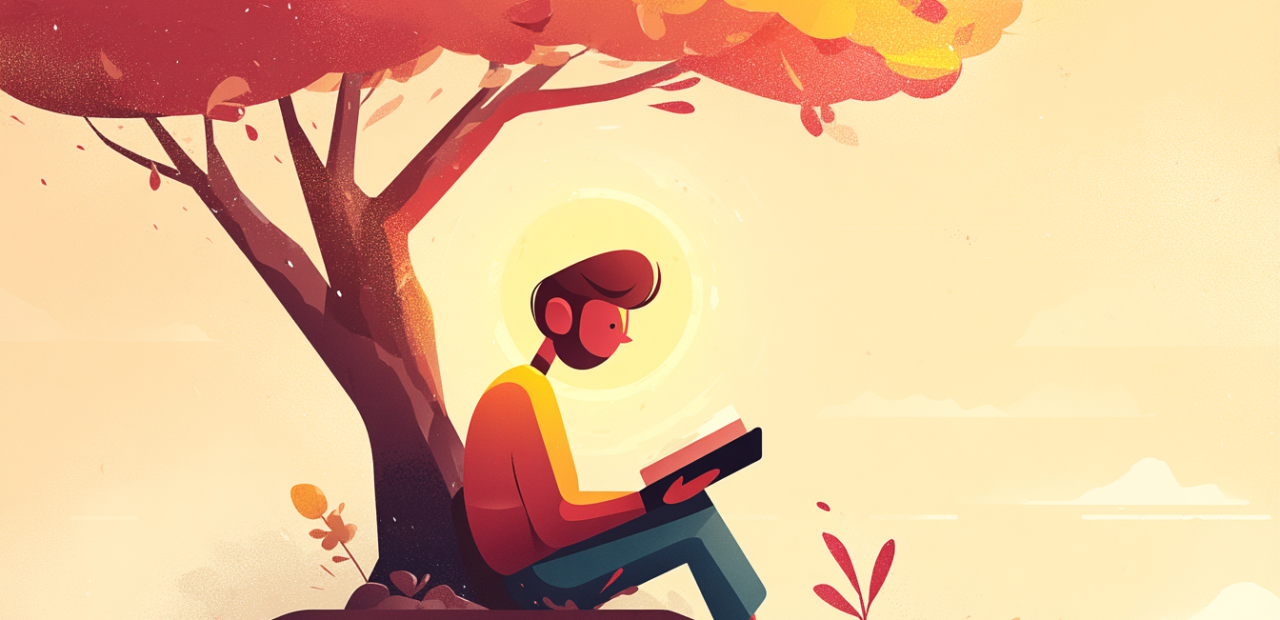 A cartoon illustration of a person with a halo sitting quietly under a tree at sunset, head bowed with an open Bible in their lap and a small flower nearby.