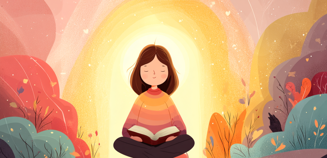 A cartoon illustration of a person with a halo sitting peacefully with open arms in front of a glowing doorway, an open Bible on their lap and flowers blooming nearby.
