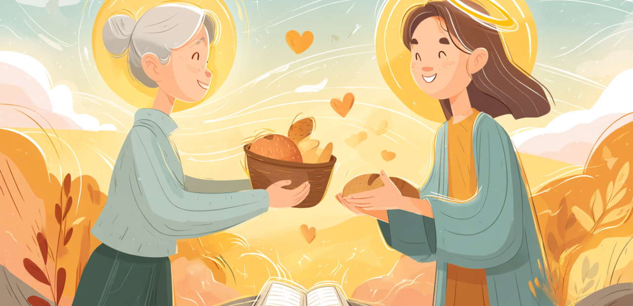 A cartoon illustration of a person with a halo joyfully giving a basket of bread and fruit to another, with golden light between them and an open Bible nearby.
