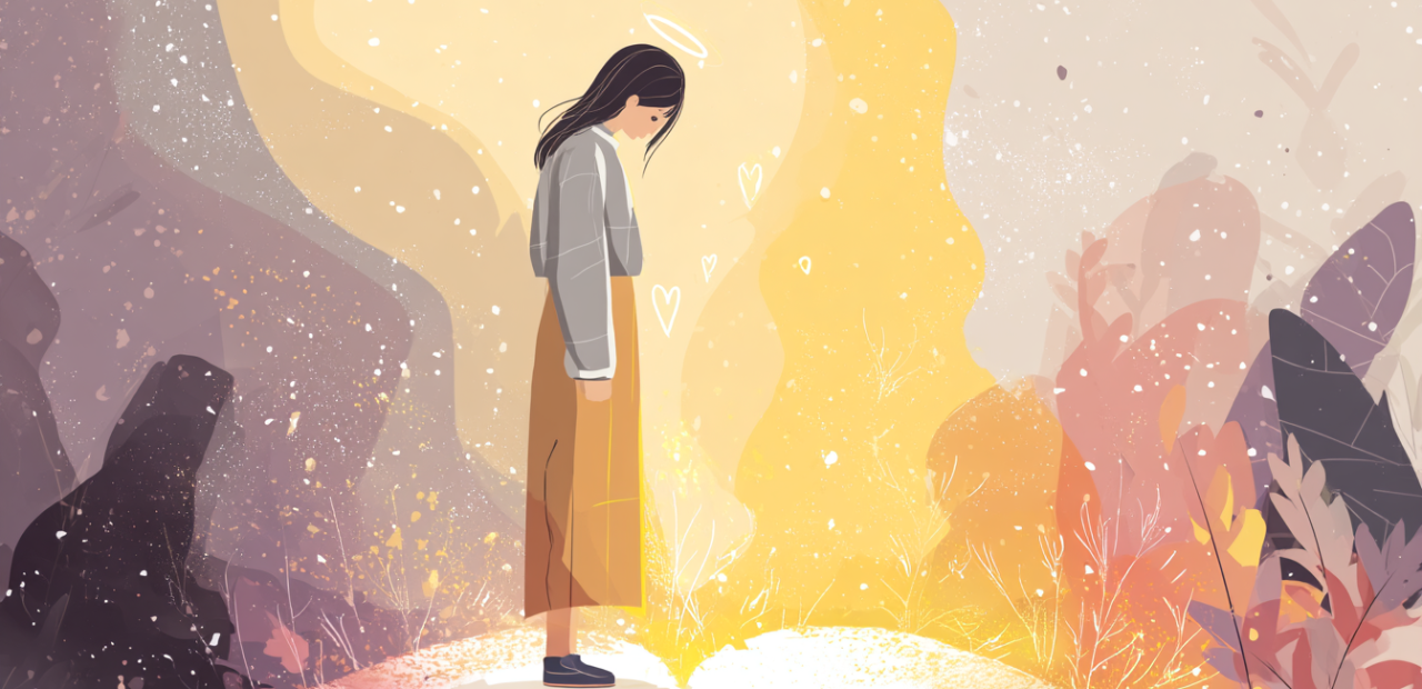 A cartoon illustration of a person with a halo bowing their head with golden light shining on them, a dark shadow fading behind, and a glowing Bible at their feet.