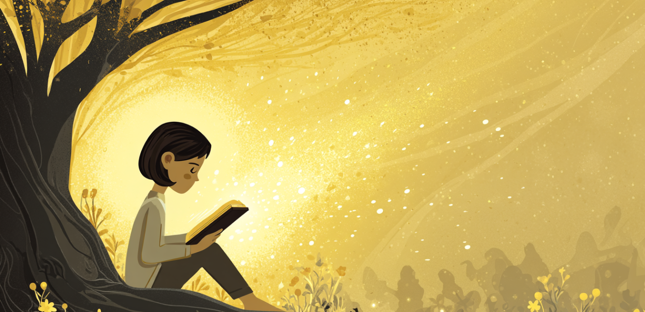 A cartoon illustration of a person with a halo sitting under a tree, reading a Bible in their lap with golden light around them and distant fading figures behind.