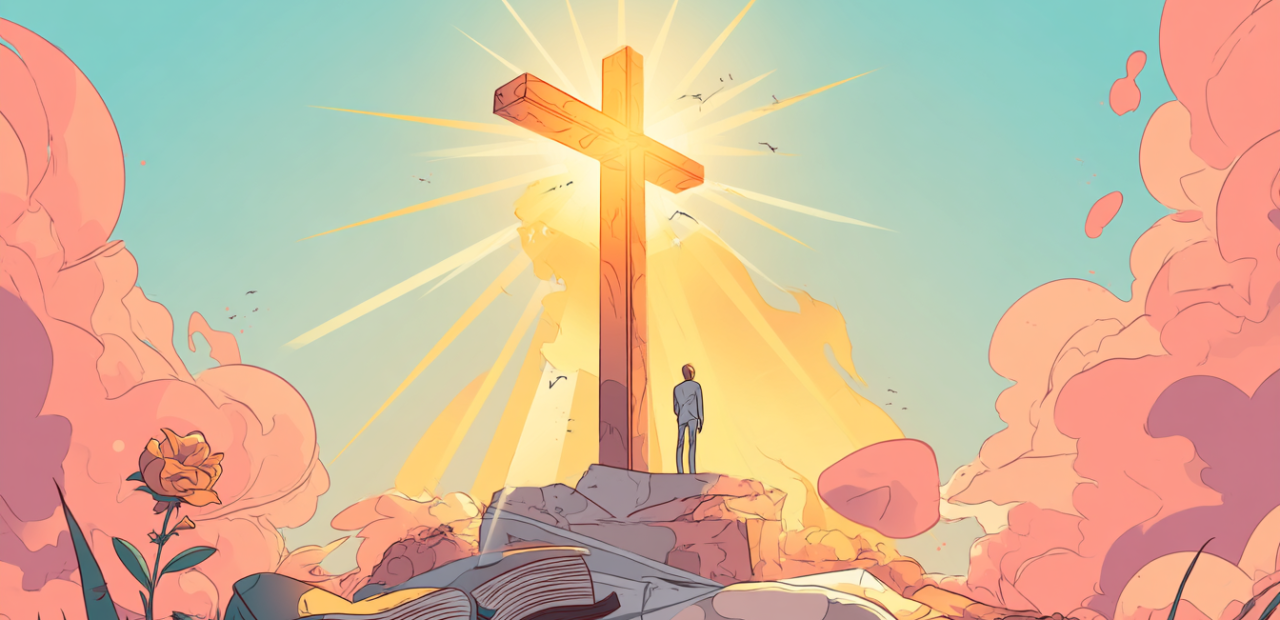 A cartoon illustration of a person with a halo standing at the foot of a glowing cross with sunrise light, broken chains, a blooming flower, and an open Bible nearby.