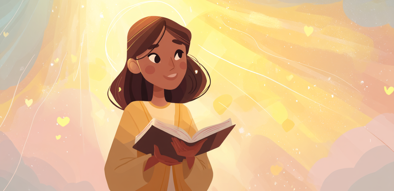 A cartoon illustration of a person with a halo speaking gently with golden light and heart symbols flowing from their words, holding an open Bible.