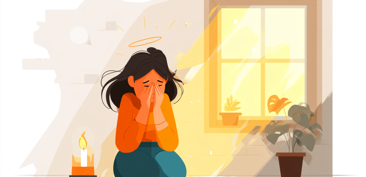 A cartoon illustration of a person with a halo sitting on the floor with hands covering their face, golden light coming through a window, and a Bible beside them.
