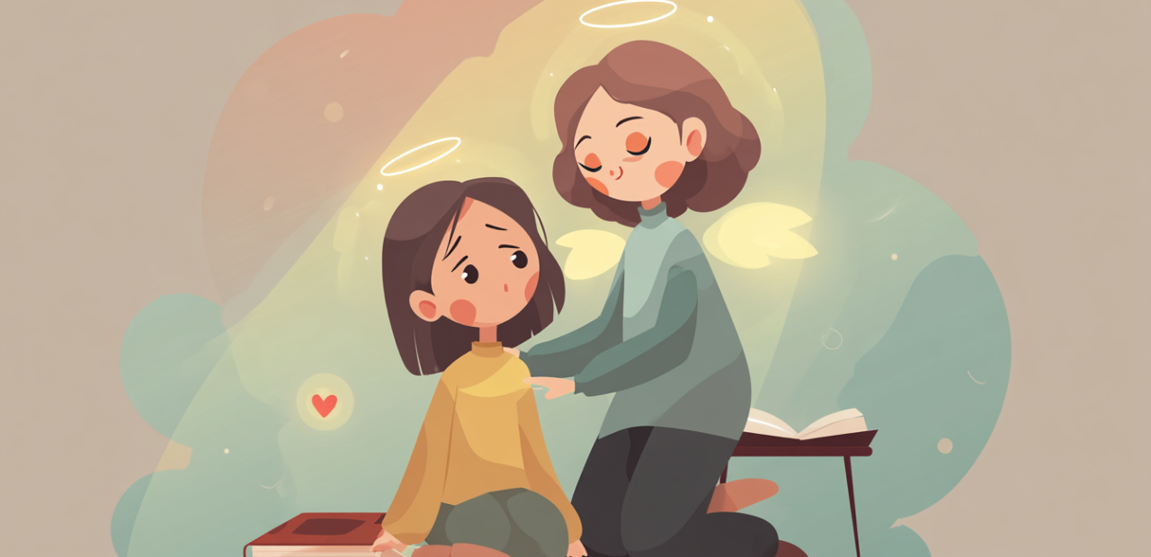 A cartoon illustration of one person sitting tired while another kneels beside them with a gentle smile, placing a hand on their back, golden light and a Bible nearby.