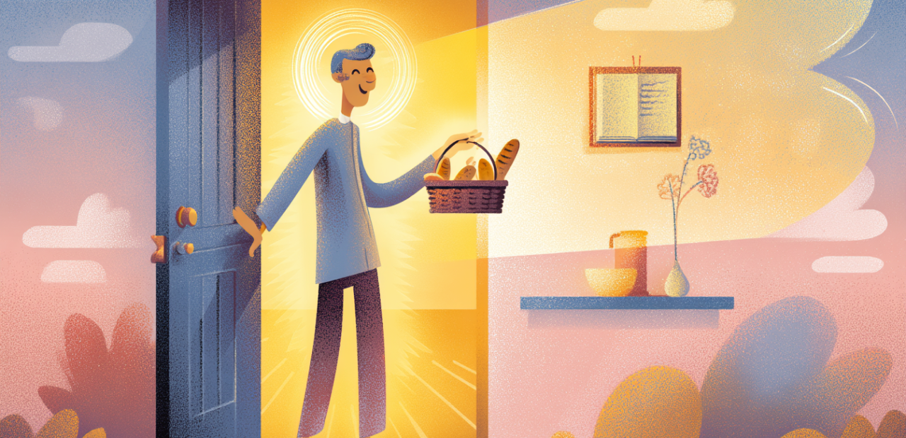 A cartoon illustration of a person with a halo opening their door, offering bread with a gentle smile, golden light behind them and an open Bible on a table nearby.