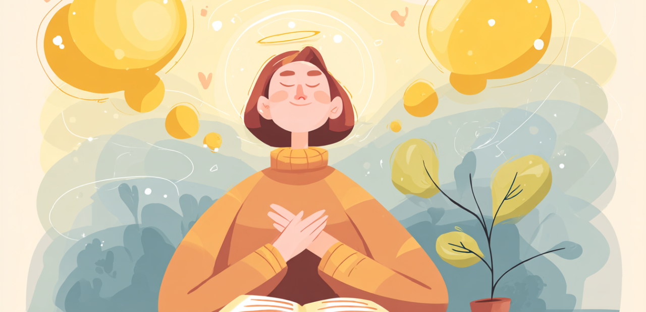 A cartoon illustration of a person with a halo sitting quietly with eyes closed, warm golden light around them, dissolving thought bubbles above, an open Bible and small sprout nearby.