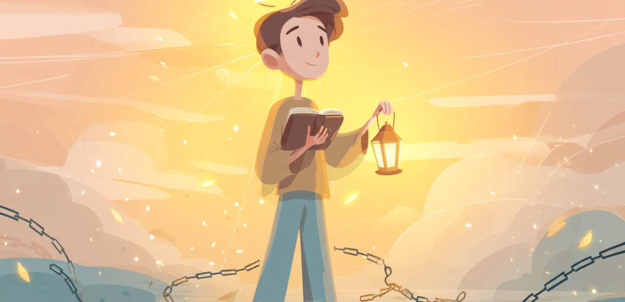 A cartoon illustration of a person with a halo holding a glowing lantern, walking on a sunrise path with broken chains falling from their wrists, holding an open Bible close.