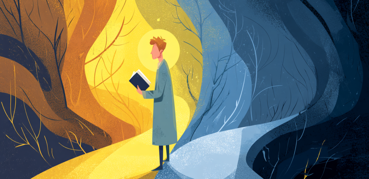 Walking Toward the Light A cartoon illustration of a person with a halo standing at a forked path, holding a Bible and looking toward the glowing light path while a shadowy path looms beside.